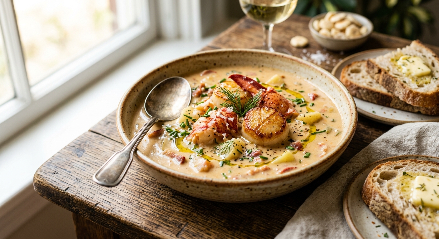 Creamy Lobster & Scallop Seafood Chowder — AI-generated headline for Instagram
