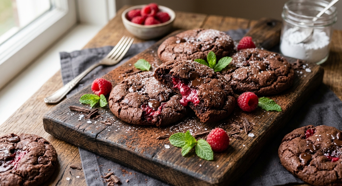Raspberry Dark Chocolate Stuffed Cookies — AI-generated headline for Instagram