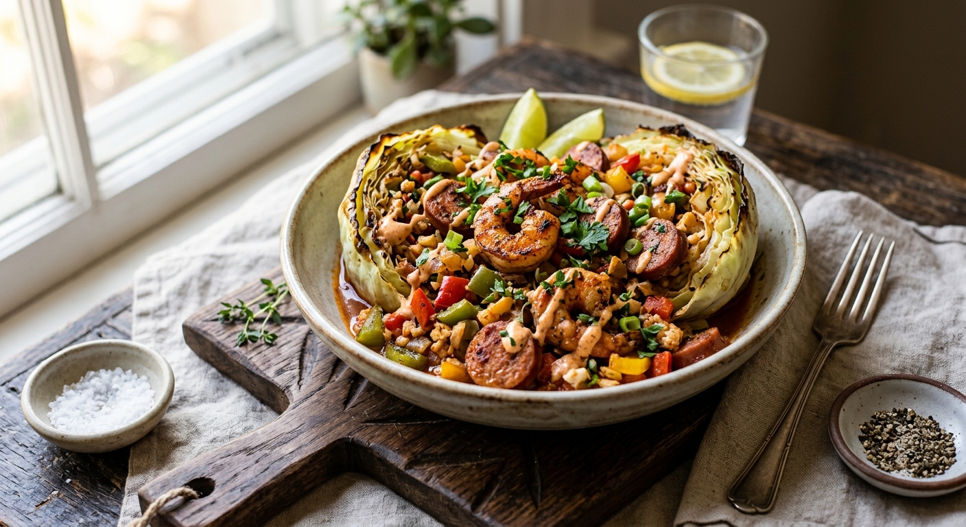 Keto Cajun Shrimp & Sausage Stuffed Cabbage Bowls — AI-generated headline for Instagram