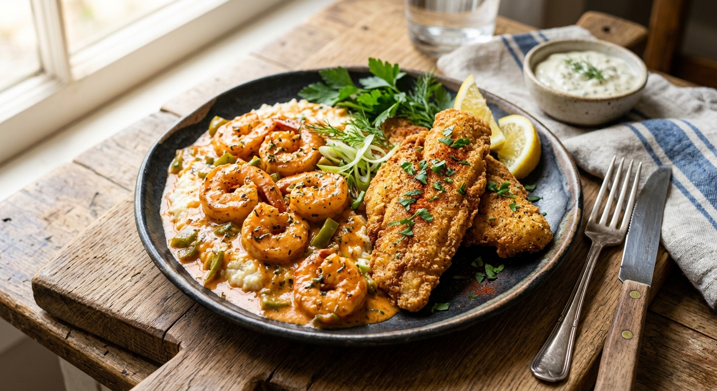 Creamy Cajun Shrimp & Crispy Fish Fillets — AI-generated headline for Instagram