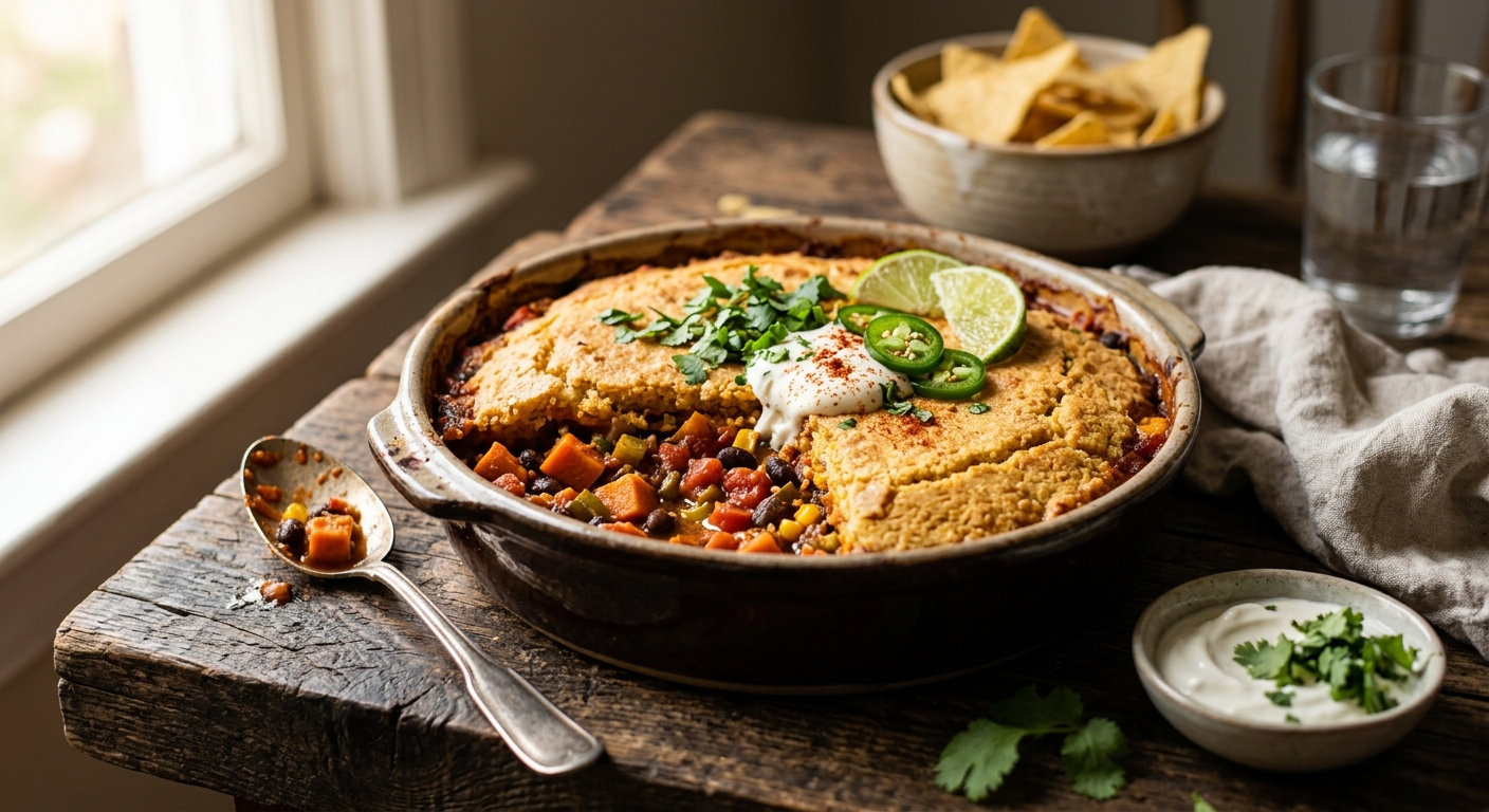 American Sweet Potato and Black Bean Chilli with Cornbread Topping — AI-generated headline for RecipeFiler