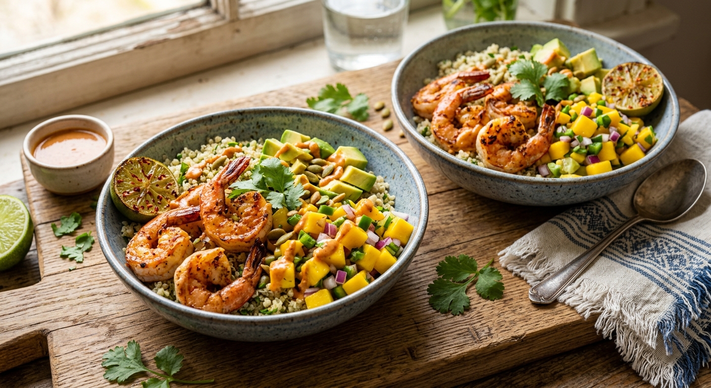 Avocado & Shrimp Bowls with Mango Salsa & Lime Chili Sauce — recipe by Instagram