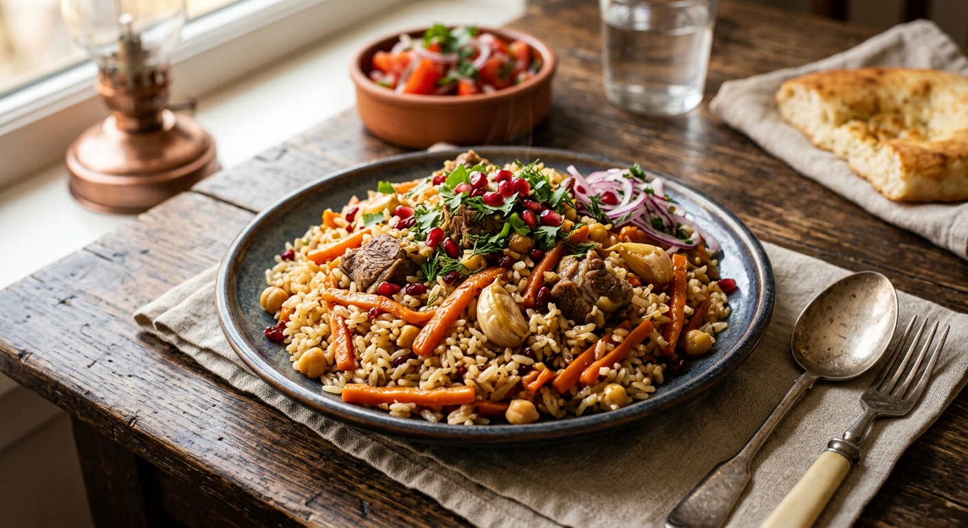 Plov — Uzbek Pilaf with Lamb and Carrots — AI-generated headline for RecipeFiler