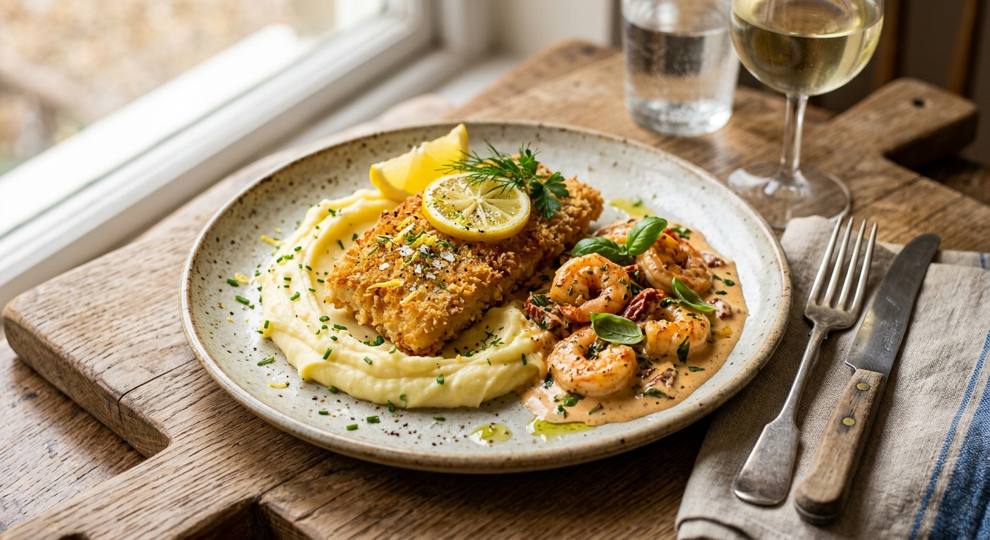 Crispy Lemon Cod with Creamy King Prawns, Buttery Mash & creamy sundried tomato sauce — AI-generated headline for Instagram