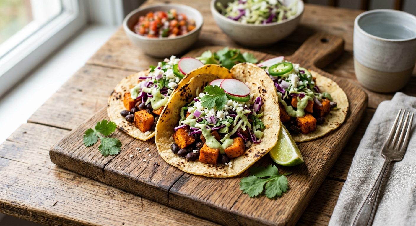 Sweet Potato and Black Bean Tacos with Lime Slaw — recipe by RecipeFiler