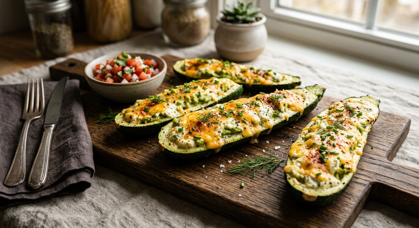 Keto Avocado & Cream Cheese Stuffed Zucchini Boats — AI-generated headline for Instagram