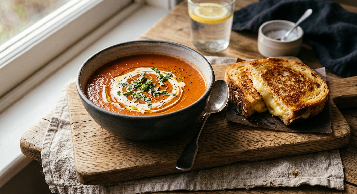 Creamy Tomato and Basil Soup with Cheese Toasties — AI-generated headline for RecipeFiler