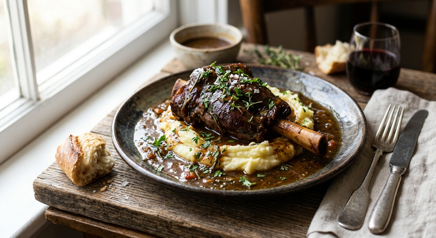 Fall-Apart Tender Lamb Shanks Braised in Rich Herb-Infused Gravy — AI-generated headline for Instagram