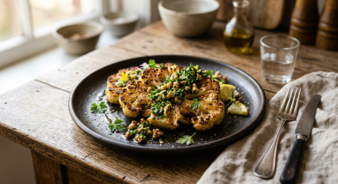Roasted Cauliflower Steaks with Walnut and Parsley Gremolata — recipe by RecipeFiler