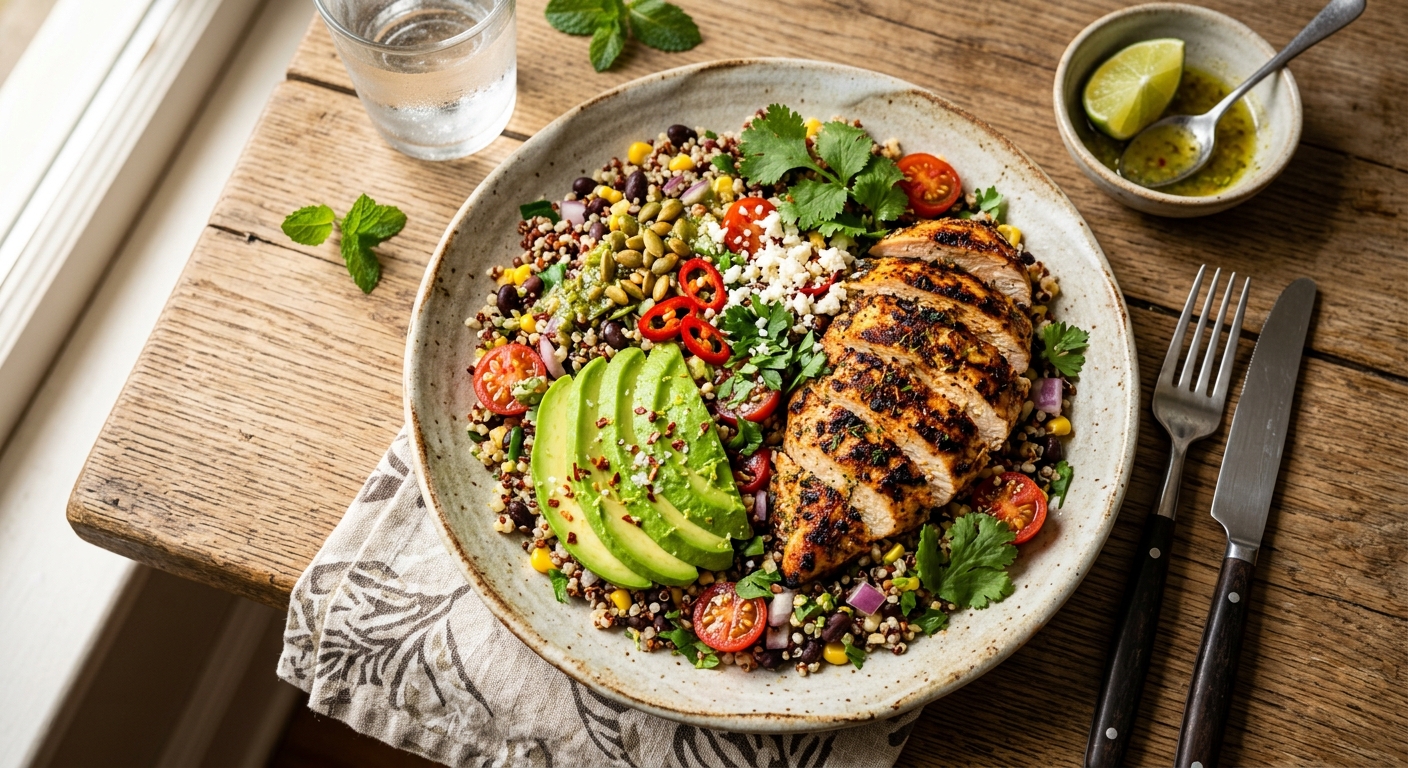 American Grilled Chicken and Quinoa Salad with Avocado and Lime — recipe by RecipeFiler