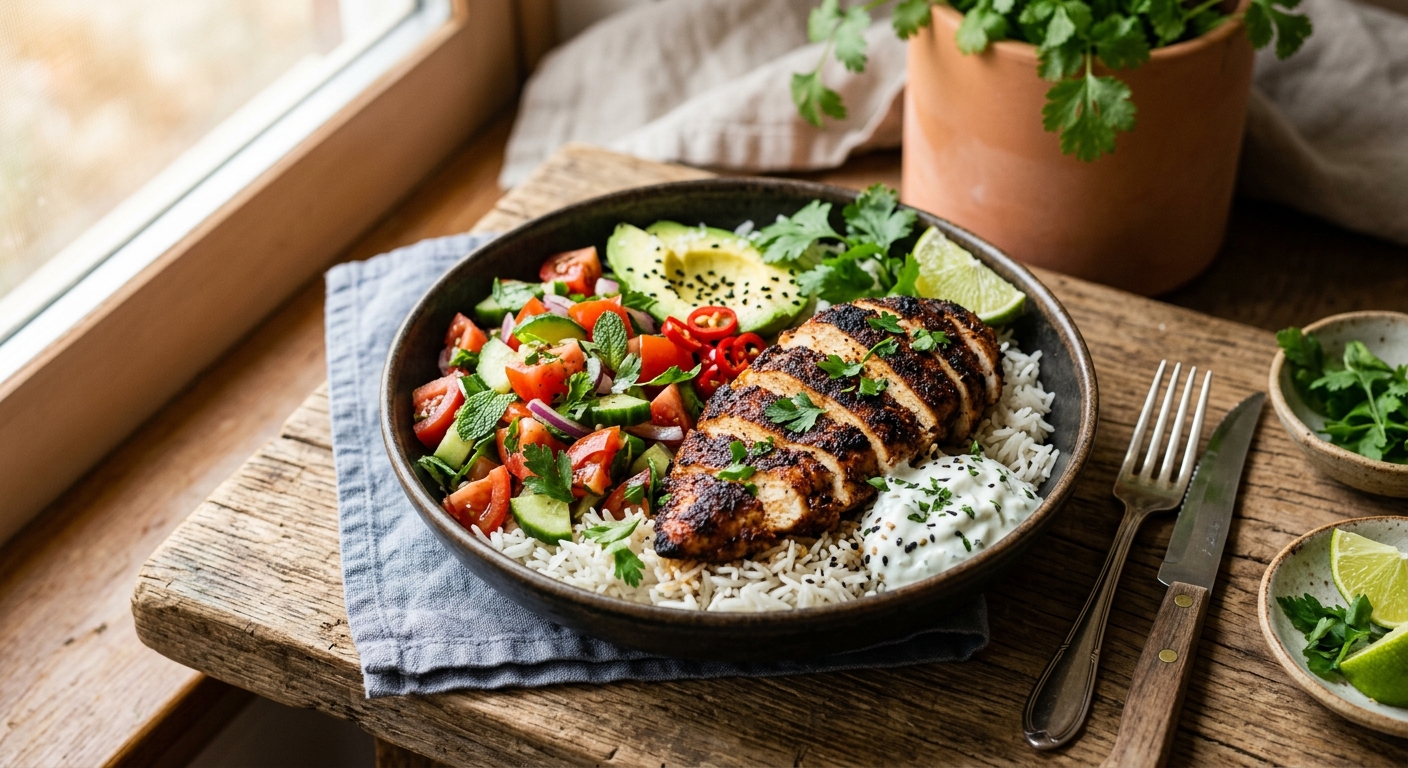 Blackened Chicken Rice Bowl with Fresh Cucumber & Tomato Salad — AI-generated headline for Instagram