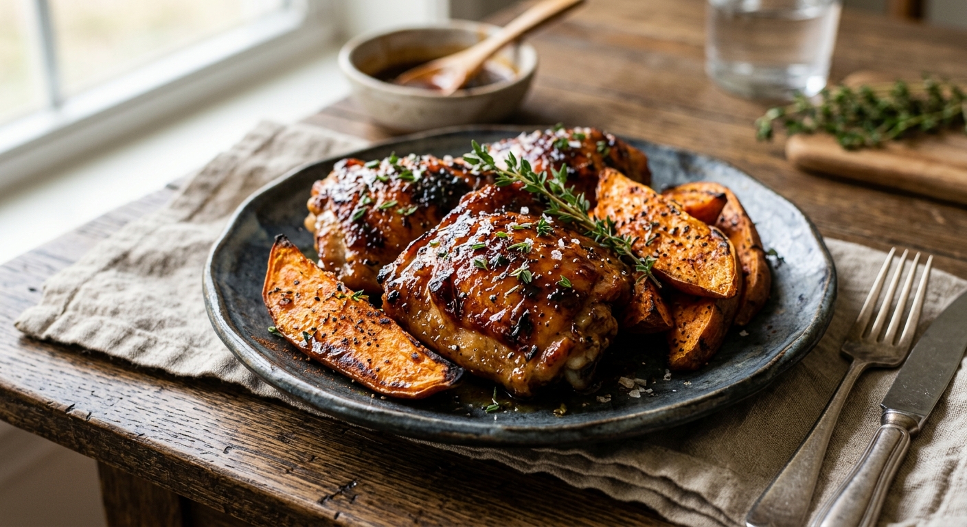 Sticky Maple Glazed Chicken Thighs with Roasted Sweet Potato — recipe by RecipeFiler