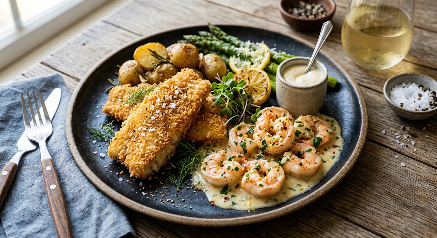 Crispy White Fish and Creamy Garlic Shrimp Seafood Plate — AI-generated headline for Instagram