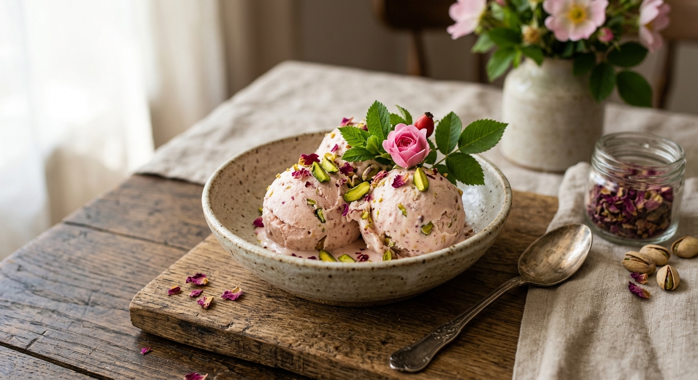 Rose Petal Pistachio Cheesecake Ice Cream — AI-generated headline for Instagram