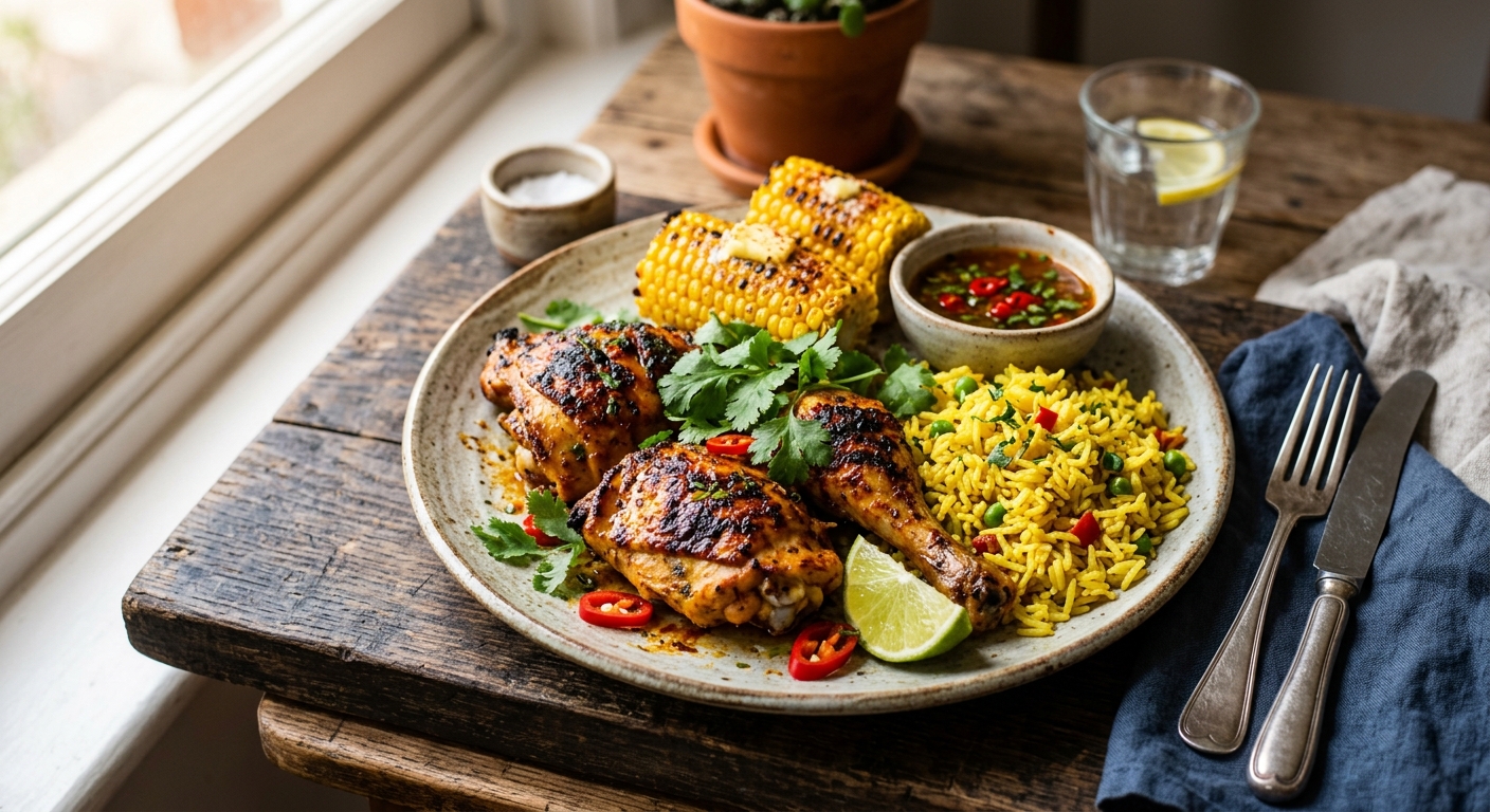 Piri Piri Chicken with Yellow Rice & grilled corn — AI-generated headline for Instagram