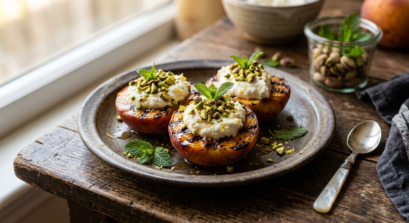 Keto Grilled Peaches with Whipped Ricotta & Pistachios — AI-generated headline for Instagram