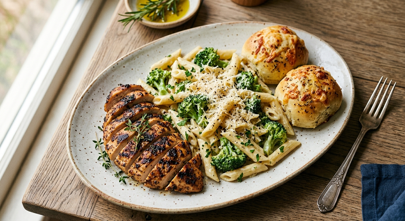 Grilled Chicken with Creamy Broccoli Penne & Cheesy Herb Rolls — AI-generated headline for Instagram
