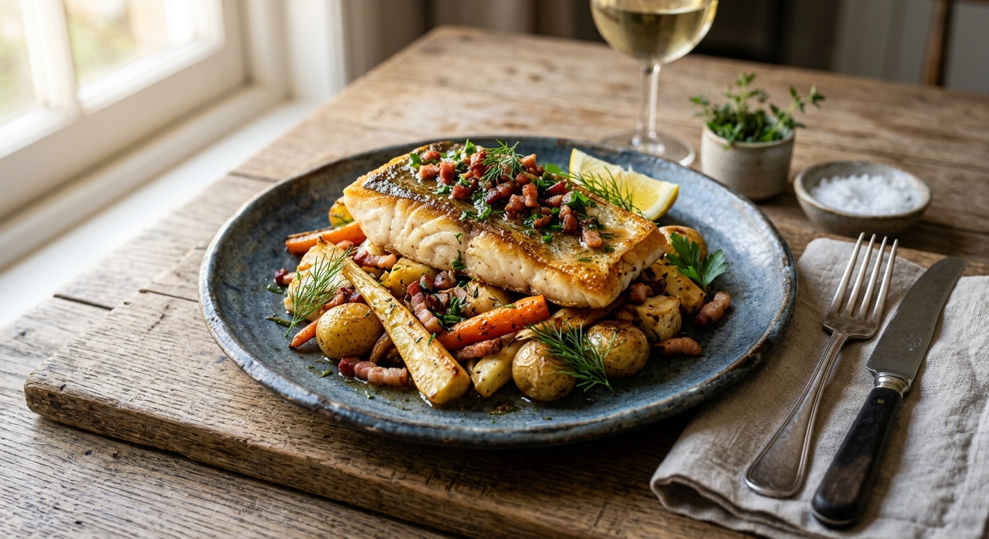 Skrei — Pan-Fried Cod with Bacon and Root Vegetables — AI-generated headline for RecipeFiler