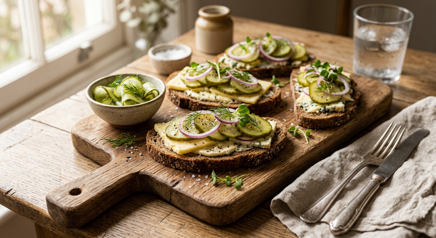 United Kingdom Rye and Cheese Open Sandwiches with Pickled Cucumber — recipe by RecipeFiler
