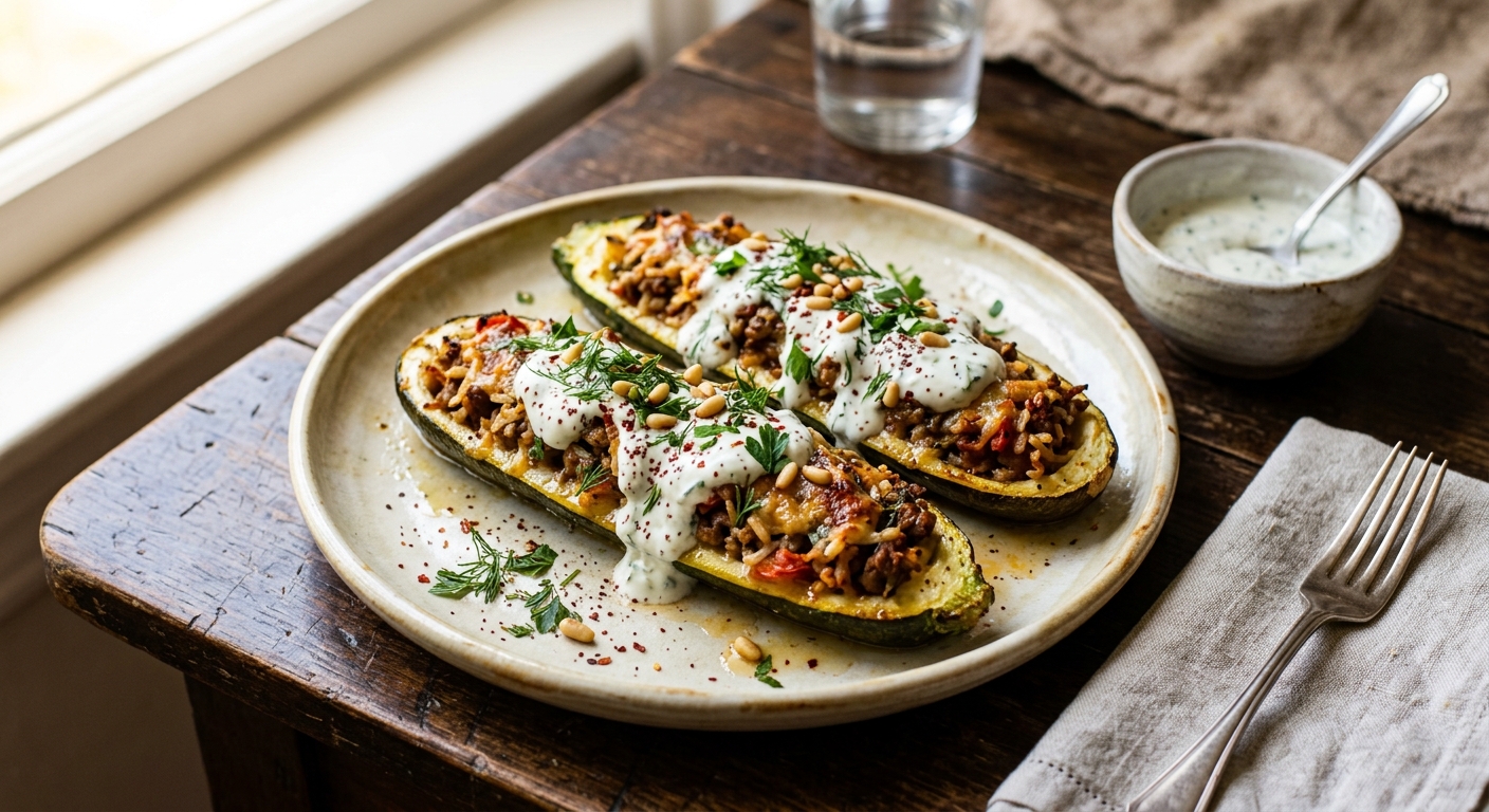 Stuffed Zucchini with Yogurt Sauce — AI-generated headline for Instagram