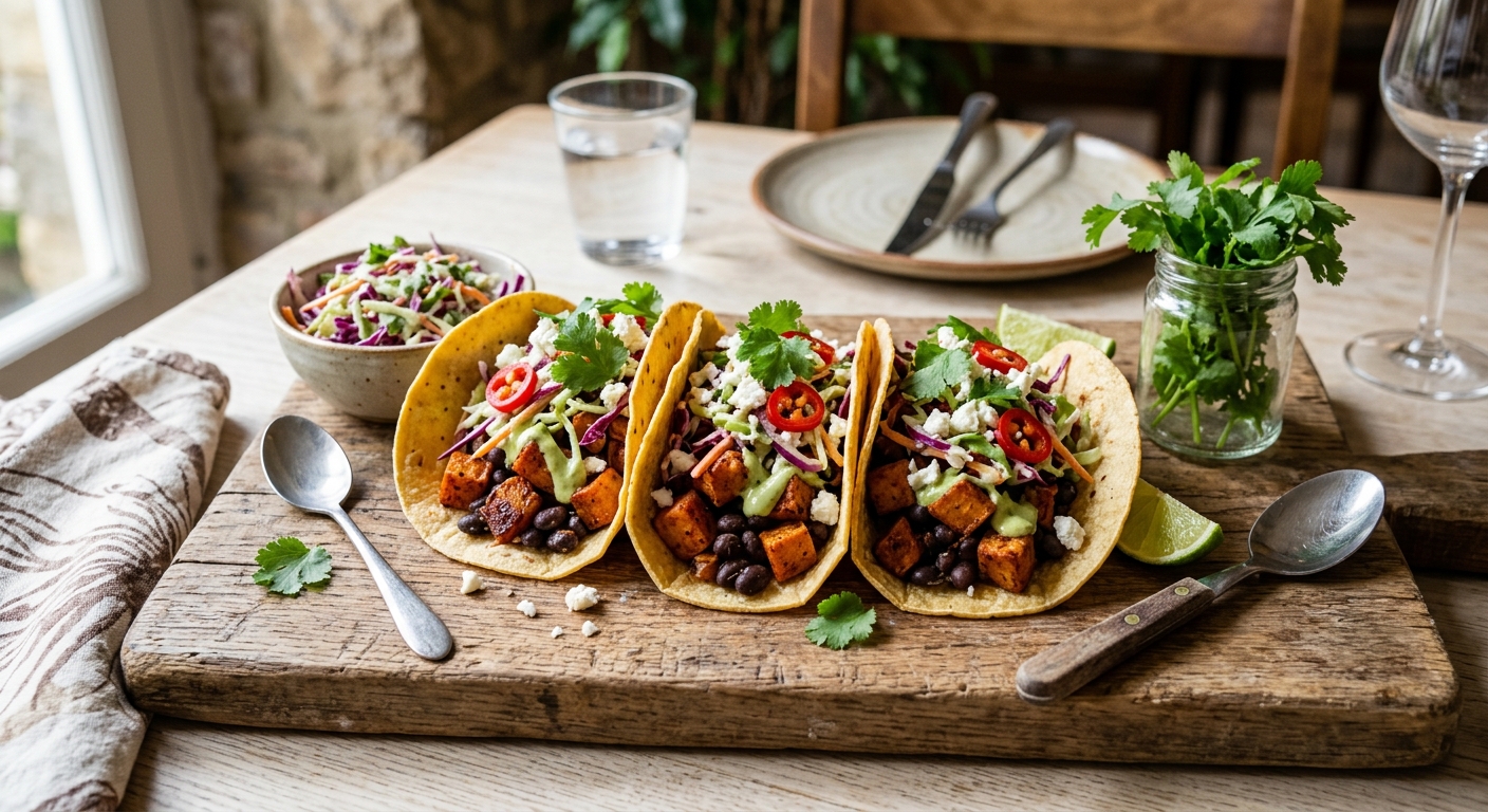 American Sweet Potato and Black Bean Tacos with Lime Slaw — recipe by RecipeFiler