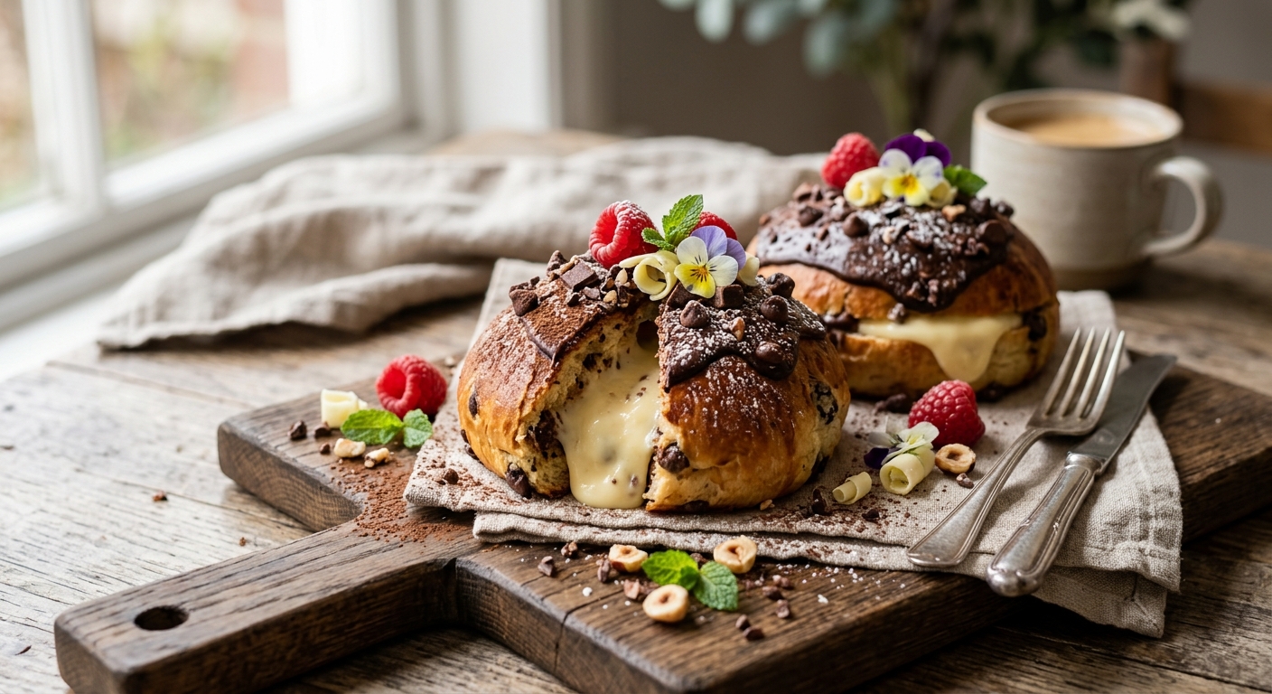 White chocolate custard and choc chip chocolate buns — AI-generated headline for Instagram