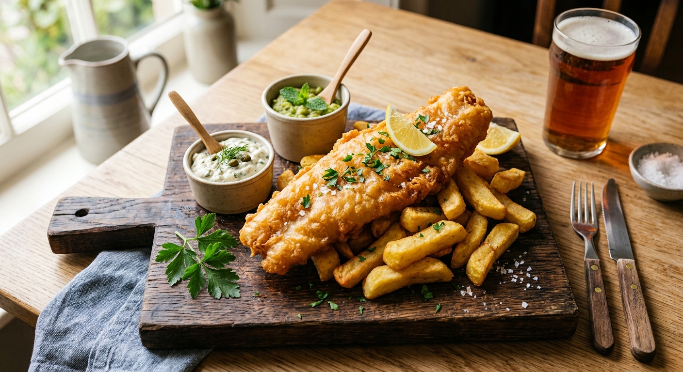 British Deep-Fried Cod and Chips — AI-generated headline for J_C