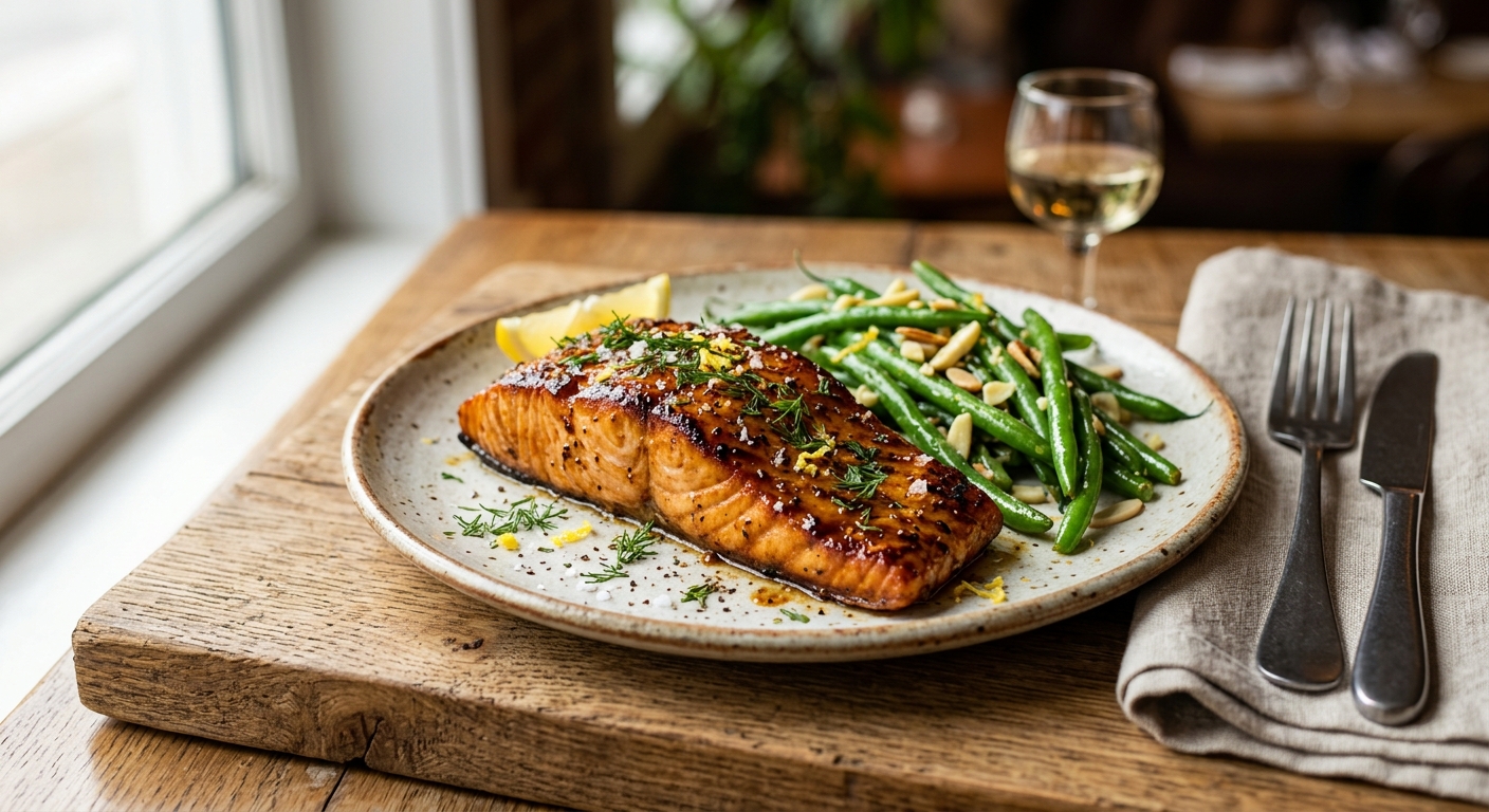 Canadian Maple Mustard Glazed Salmon with Green Beans — recipe by RecipeFiler