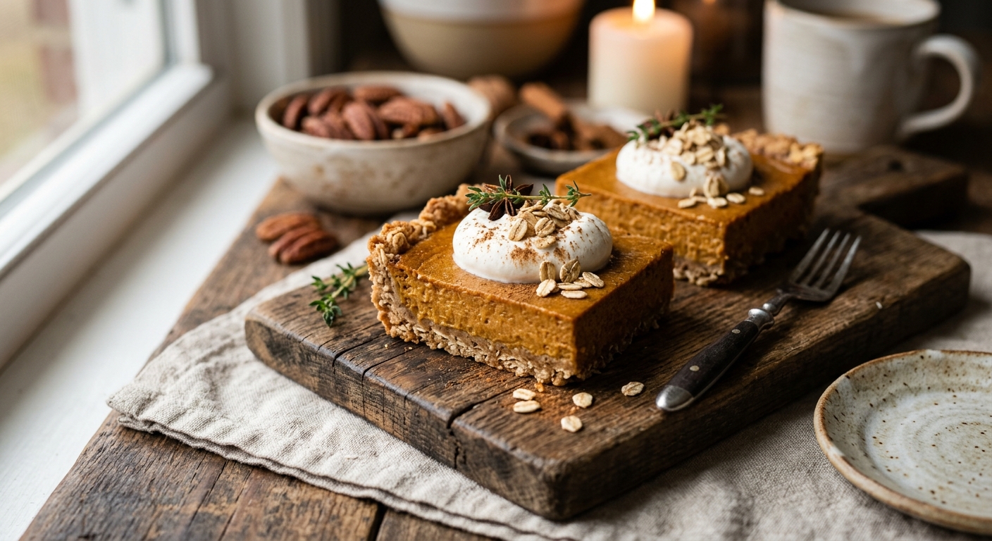 American Spiced Pumpkin Pie Bars with Oat Crust — recipe by RecipeFiler