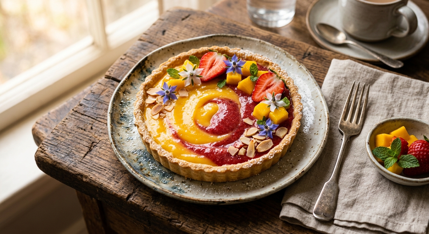 Mango curd, strawberry puree tart — AI-generated headline for Instagram