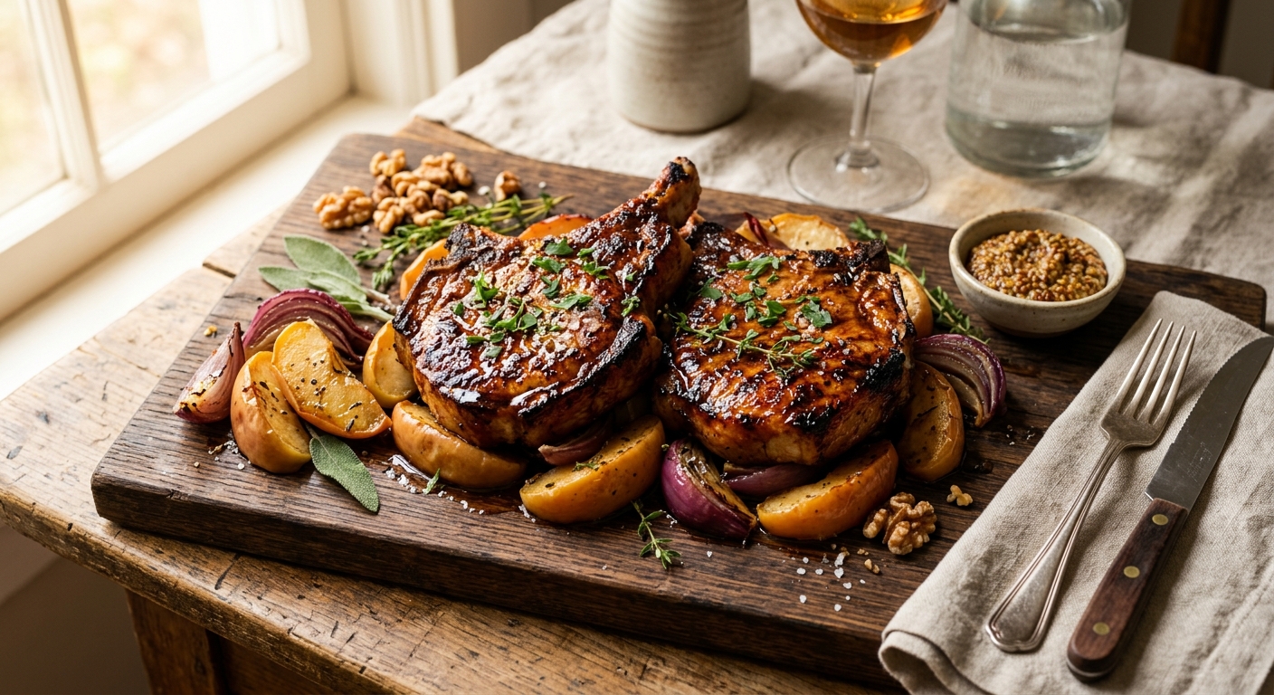 Glazed Pork Chops with Roasted Apples — recipe by RecipeFiler