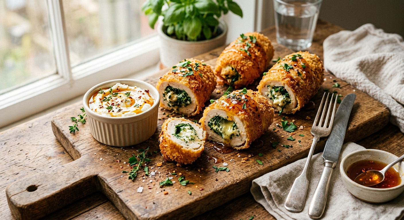Crispy Stuffed Chicken Rolls with Spinach, Whipped Feta & Hot Honey — AI-generated headline for Instagram