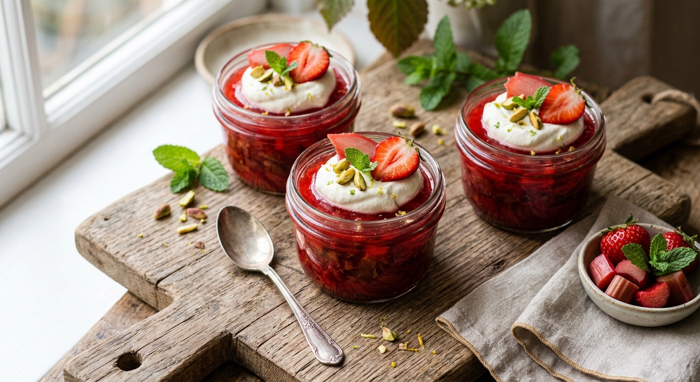 British Rhubarb & Strawberry Jelly Pots — AI-generated headline for RecipeFiler