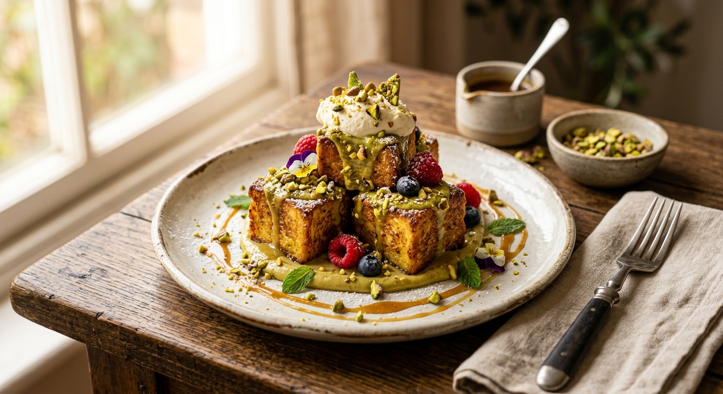 Pistachio Cube French Toast — AI-generated headline for Instagram