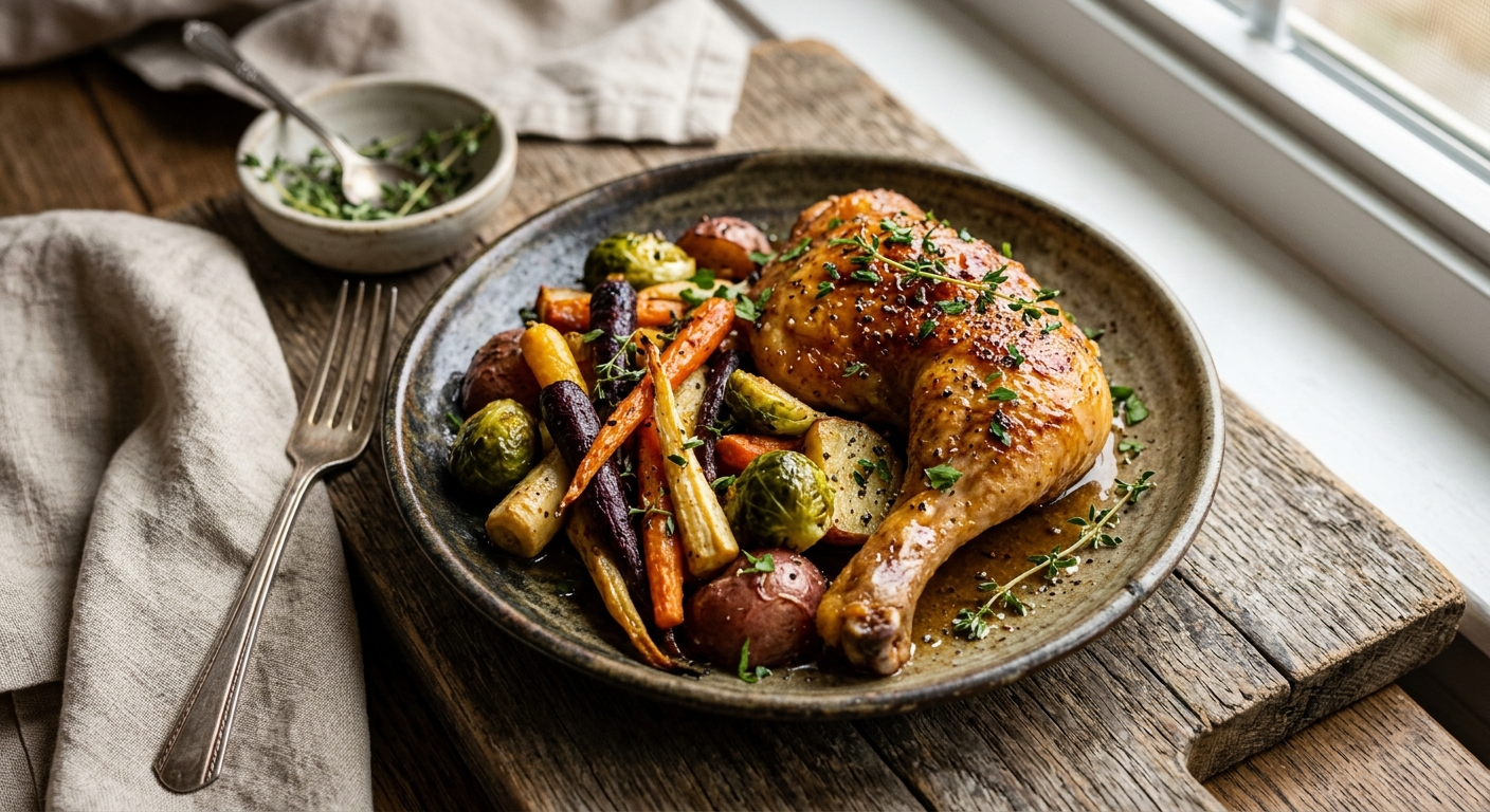Canadian Maple Roasted Chicken with Root Vegetables and Thyme — recipe by RecipeFiler