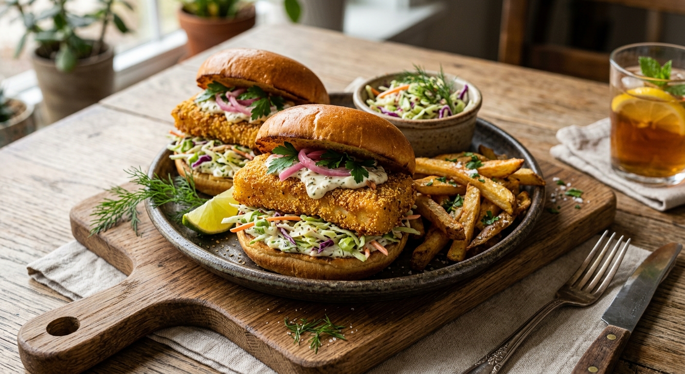 American Cornmeal-Crusted Fish Sandwiches with Tangy Slaw — recipe by RecipeFiler