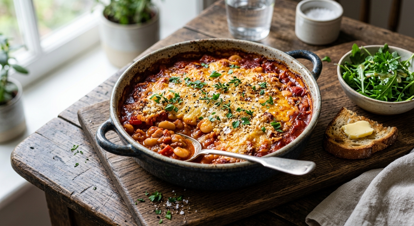 British Smoky Butterbean and Tomato Bake — AI-generated headline for RecipeFiler