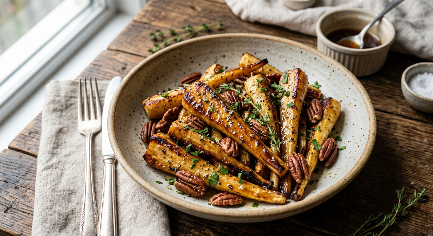 Canadian Maple Roasted Parsnips with Toasted Pecans — recipe by RecipeFiler