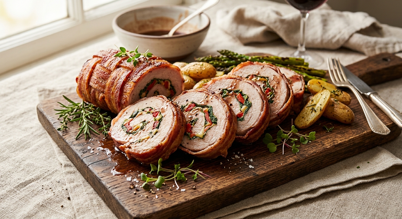 Bacon-Wrapped Stuffed Pork Loin Roll — AI-generated headline for Instagram