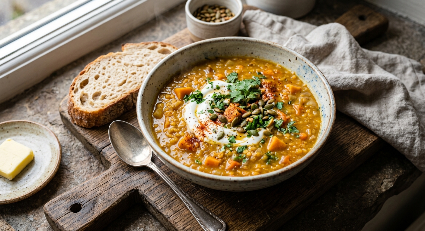 British Spiced Lentil and Sweet Potato Soup — recipe by RecipeFiler