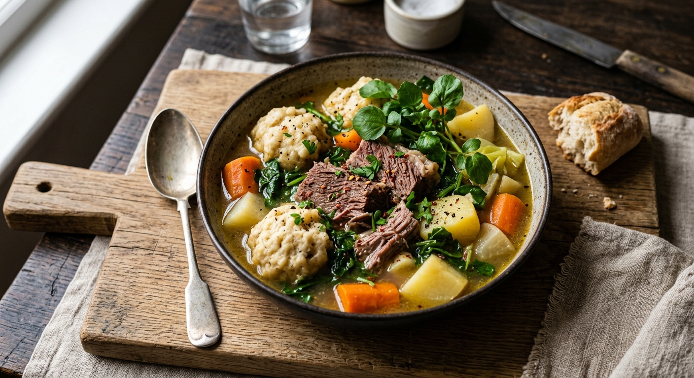 Boil-Up — Salt Beef, Doughboys and Watercress — recipe by RecipeFiler