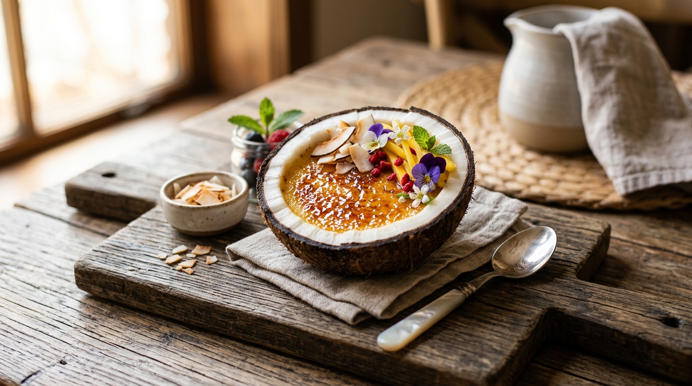 Light Coconut Crème Brûlée in Coconut Shell — recipe by Instagram