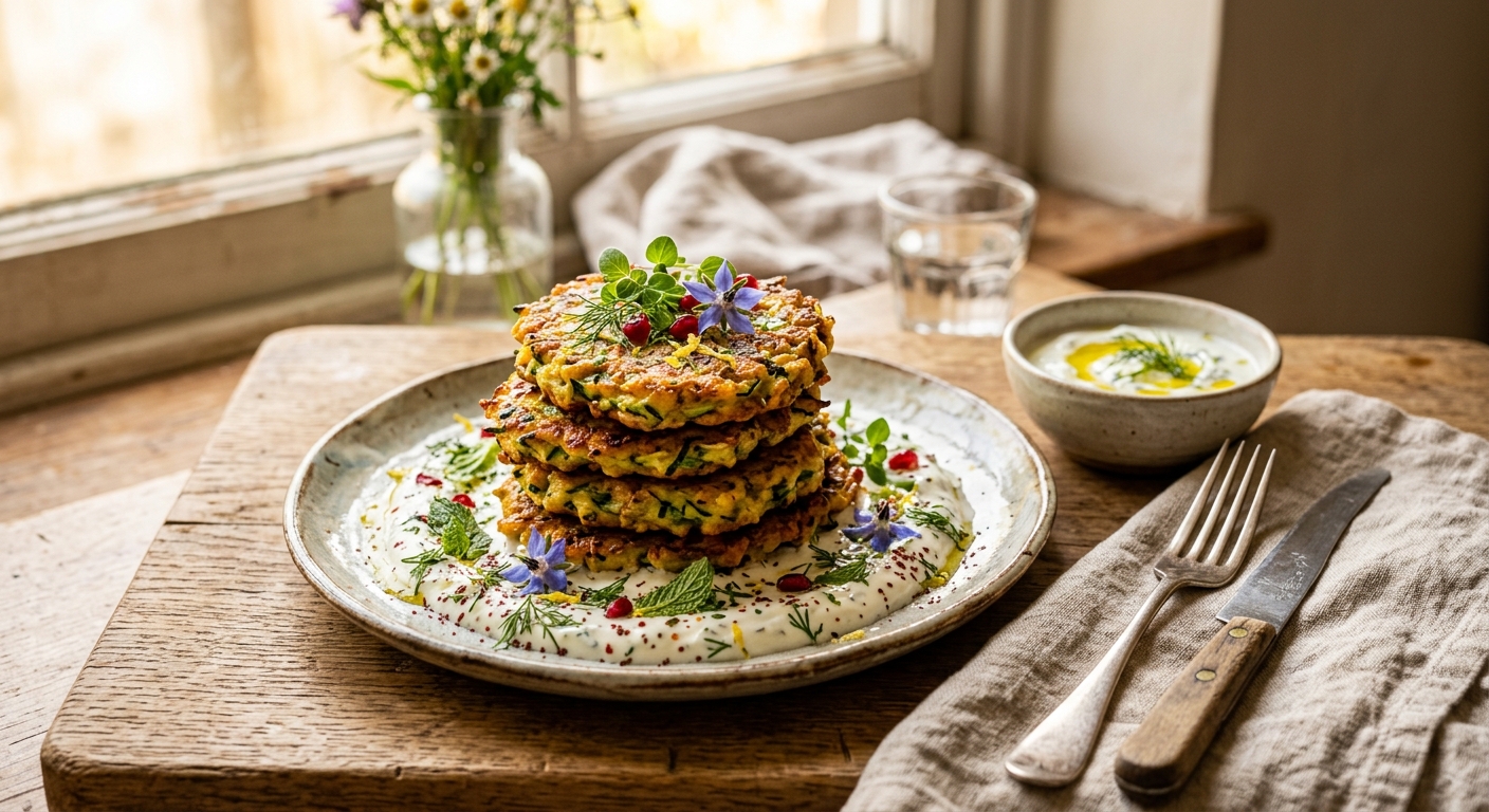 Crispy Courgette Fritters with Garlic Yoghurt — AI-generated headline for RecipeFiler