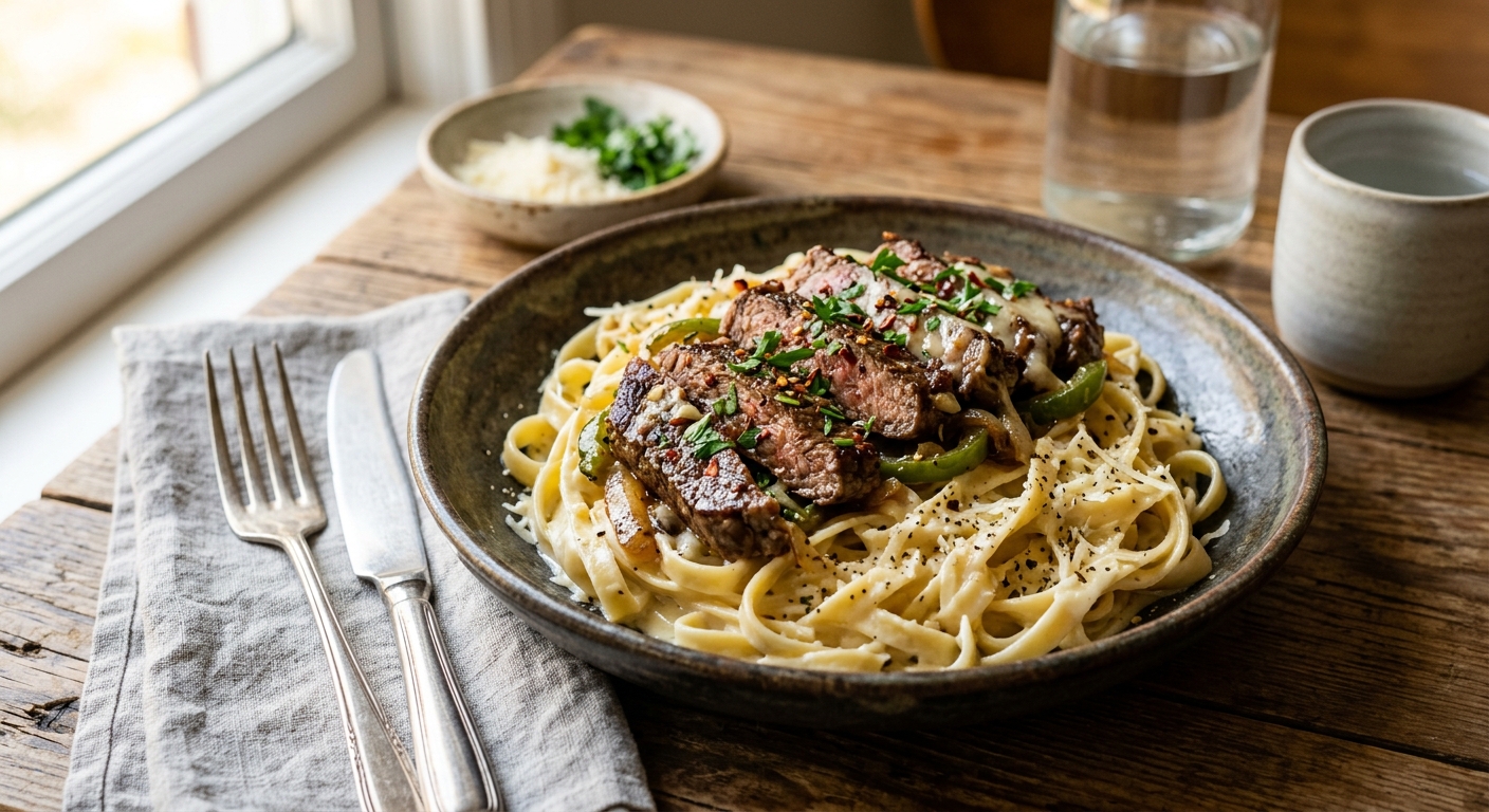 Philly Garlic Steak with Provolone Fettuccine — AI-generated headline for Instagram