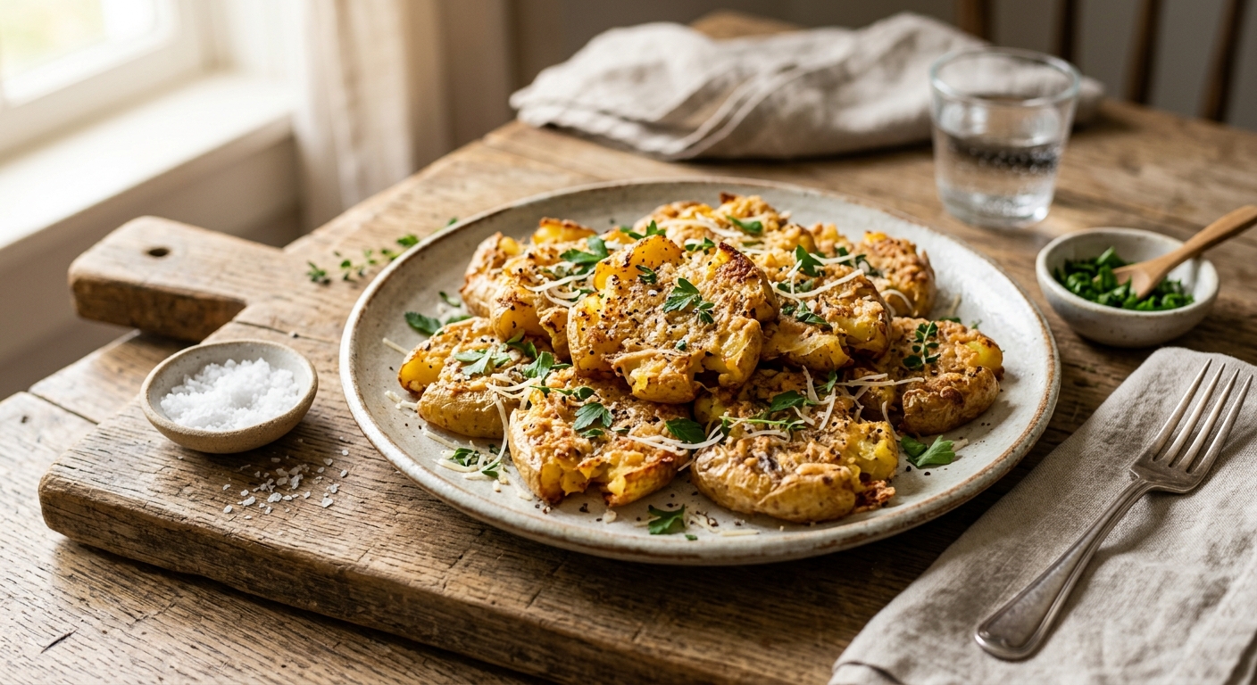 CRISPY CRUSHED PARMESAN POTATOES — AI-generated headline for Instagram