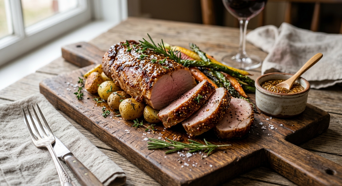 Honey Whole Grain Mustard Glazed Pork Tenderloin — AI-generated headline for Instagram