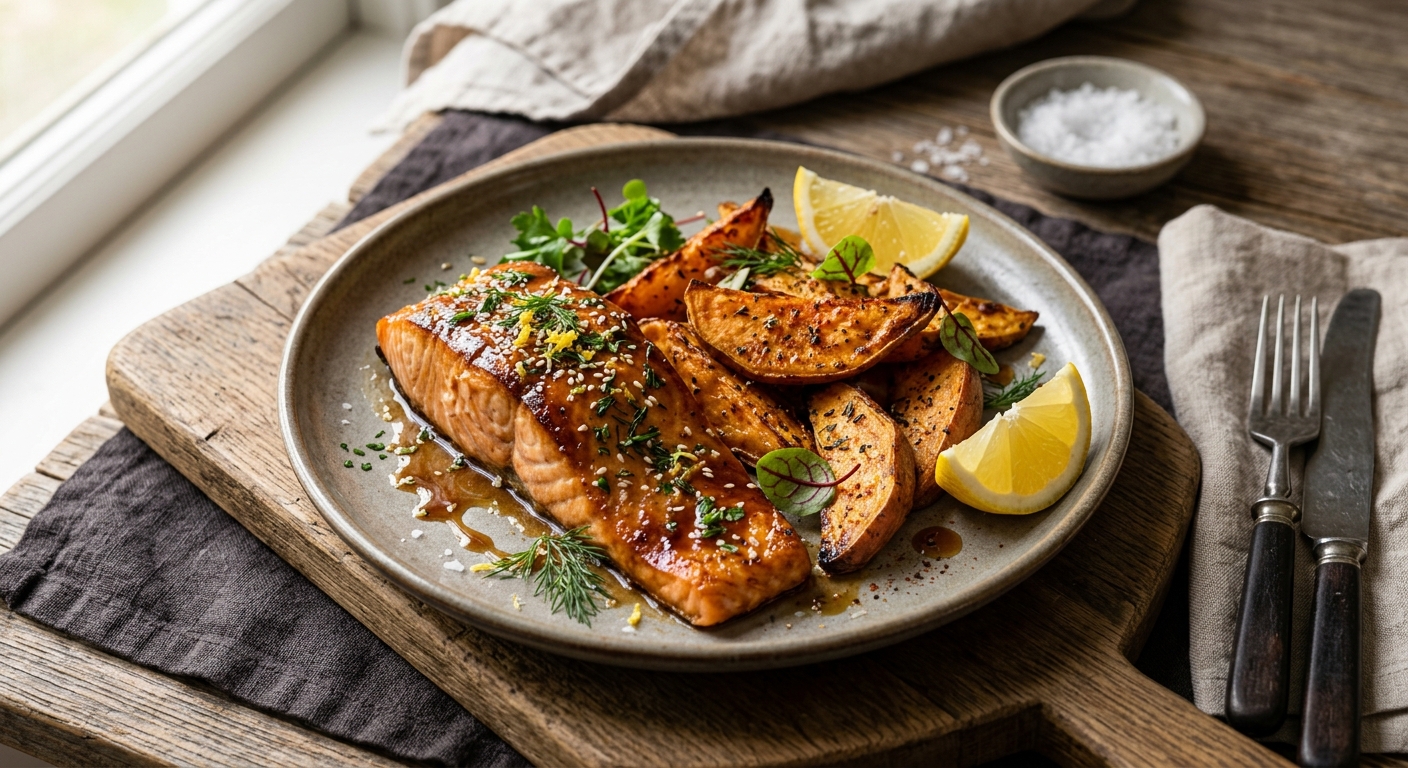 Canadian Maple Glazed Salmon with Roasted Sweet Potato Wedges — recipe by RecipeFiler