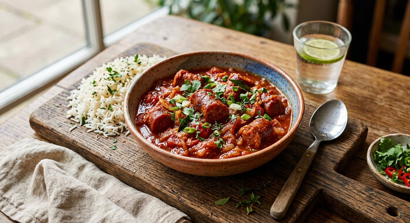 Rougaille Saucisse — Sausage in Creole Tomato Sauce — AI-generated headline for RecipeFiler