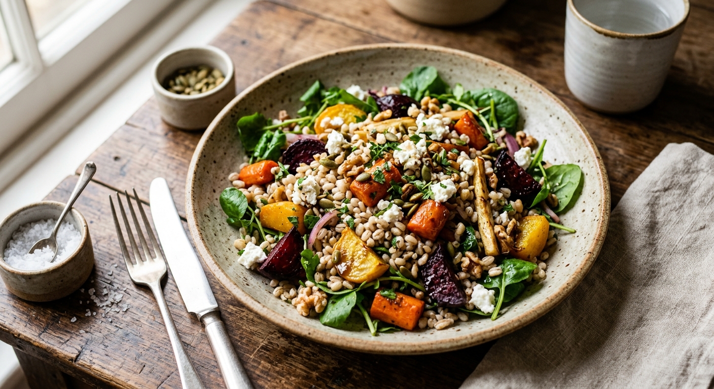 British Roasted Root Vegetable and Pearl Barley Salad — AI-generated headline for RecipeFiler