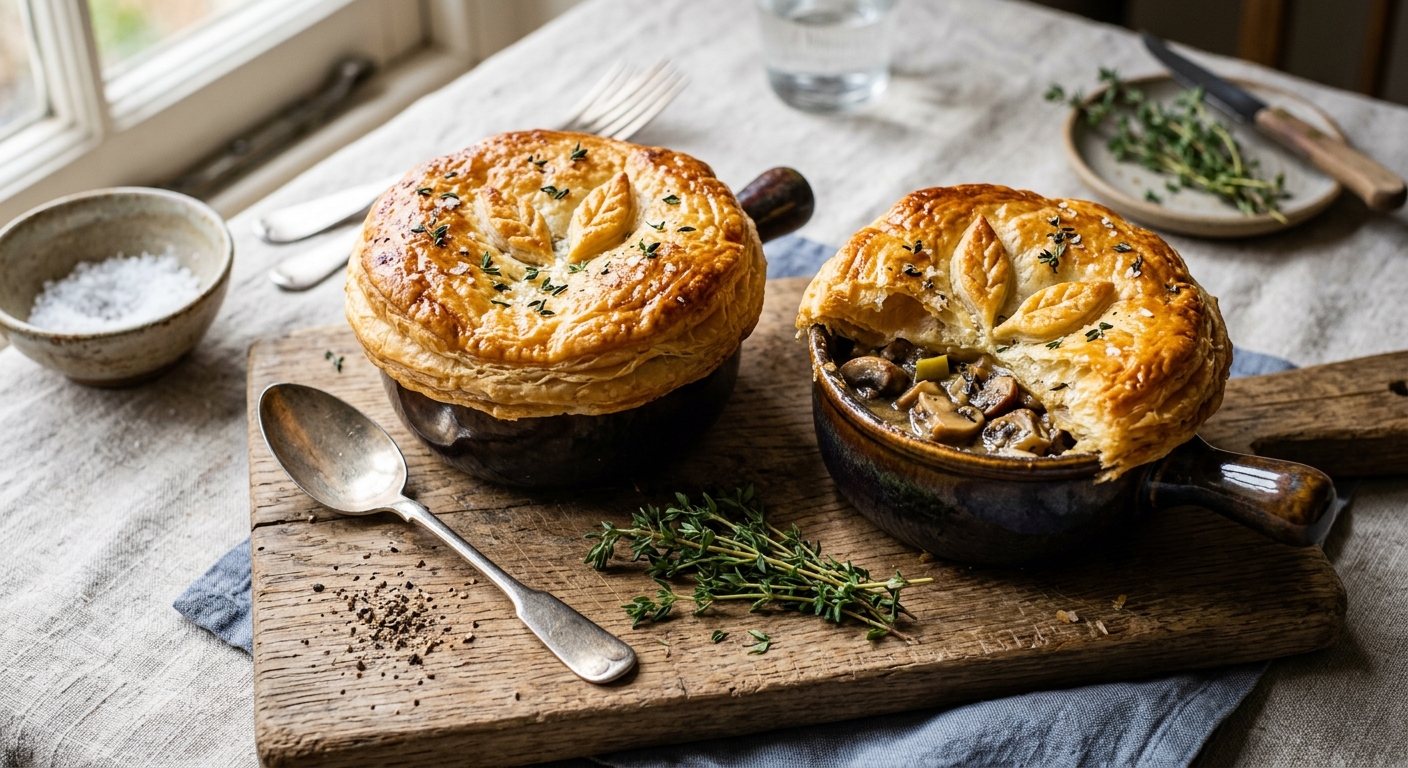 British Mushroom and Thyme Pot Pies with Puff Pastry Lids — recipe by RecipeFiler
